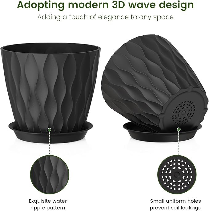 7 inch Plant Pots for Indoor Outdoor Plants, 5 Pack Thick Flower Pots with Drainage Holes and Saucers, 3D Modern Wave Texture Plastic Planter Pots for House Plants, Black