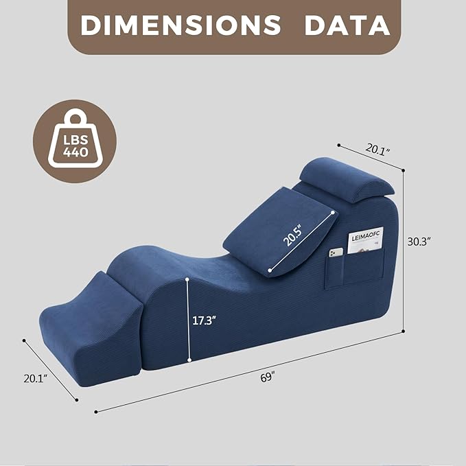 Yoga Chairs for Adults, Ergonomic Chaise Lounge Chair Indoor with Side Pocket, Lumbar Pillow, Ottoman, Yoga Chair Perfect for Stretching, Relaxation, Exercise, Used in Bedroom, Living Room (Blue)