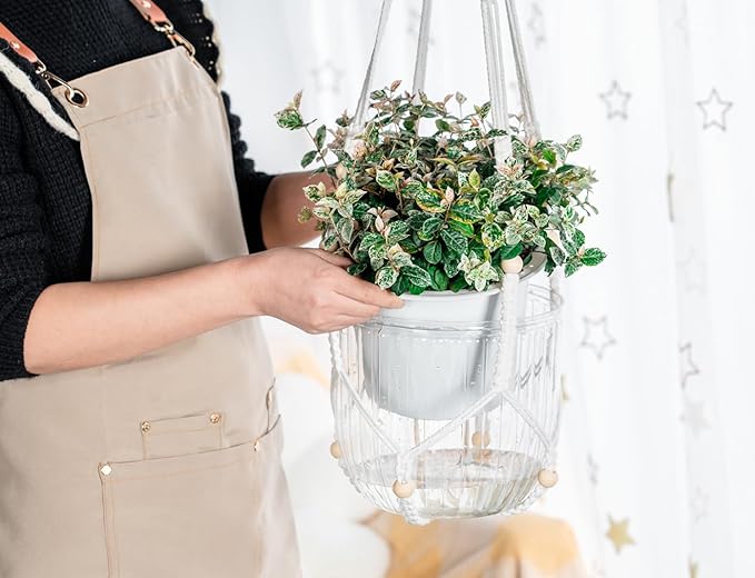 Melphoe Self Watering Hanging Planters for Indoor Plants, 1 Pack 8.3 Inch Outdoor Hanging Plant Pot Basket, 2 Kinds of Hangers Macrame 35.5’’ & Metal Chain 19.6’’ for Garden Home Decor