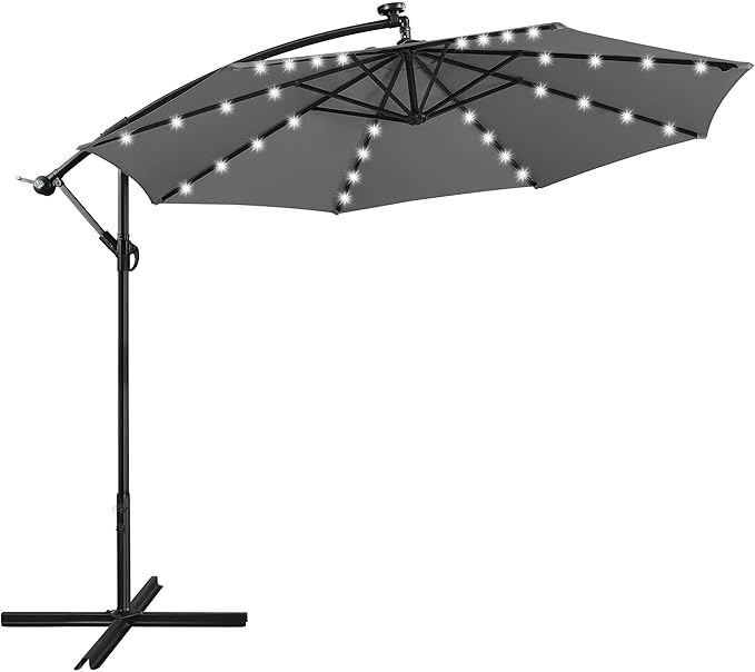 Yaheetech 10FT Solar Offset Umbrella with 32 LED Lights Cantilever Hanging Outdoor Umbrellas Handy Crank & Cross Base for Lawn/Deck/Backyard/Pool Gray
