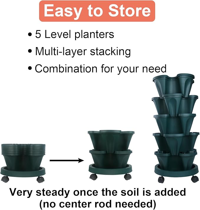 DUNCHATY Stackable Polypropylene Planters, 5-Tier, Pine Green, Indoor/Outdoor, 29" Height x 13.6" Diameter