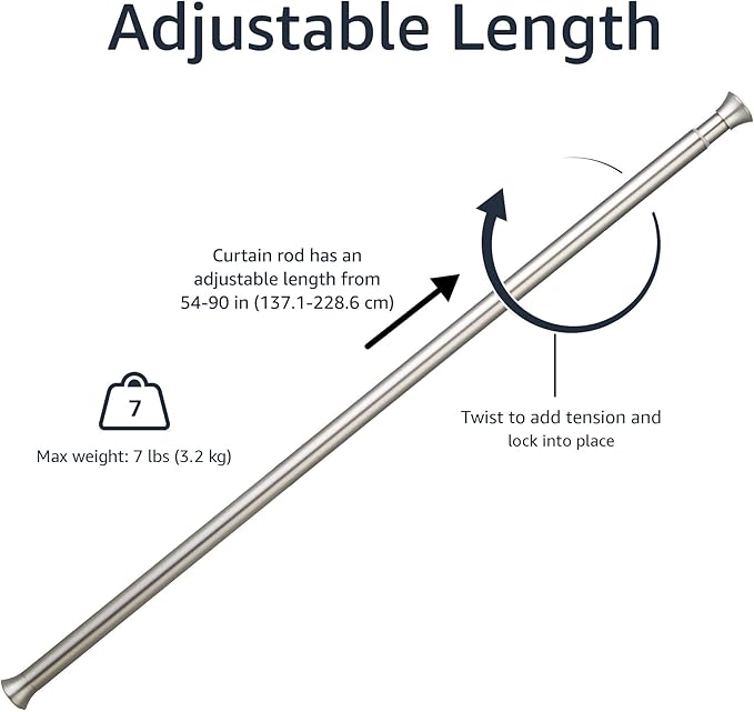 Amazon Basics No Drill Adjustable Indoor Outdoor Tension Curtain Rod, 54-90" Length, Nickel