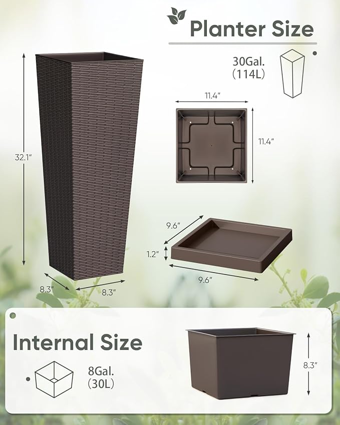 Greesum Set of 2 Tall Plastic Planters with Saucer, 32 Inch Large Pots with Drainage Trays, Weather-Resistant Plastic Plant Containers for Patio, Porch, Garden,Brown