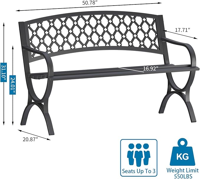 On Shine 50'' Patio Garden Bench, Loveseats Patio Park Bench,Black Steel Cast Iron Frame Bench,Metal Bench Outdoor for Porch Yard Lawn Deck (Grid)