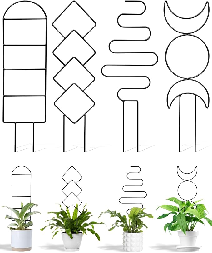 4 Pack Trellis for Indoor Climbing Plant, Small Metal Outdoor Garden Trellis for Potted Plants, Stake Mini Houseplant Trellis Support for Hoya, Vines, Pothos, Monstera (Black)