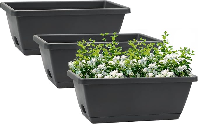 GREANER Rectangular Window Boxes with Trays, 3 Packs Modern Vegetable Planters, 13.8Inch Plastic Flower Boxes Container for Windowsill, Patio, Garden, Balcony, Porch, Indoor and Outdoor Use, Black