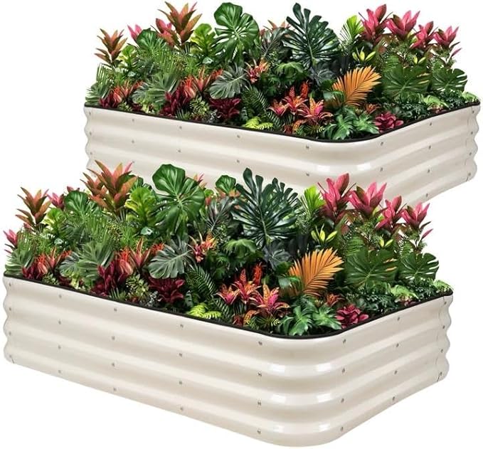 1MORE Raised Garden Bed -5X3X1 Galvanized Planter Box for Outdoor Gardening,4 in 1 Modular Raised Bed Kit with Protective Tape, Gloves for Herb，Ideal for Vegetables and Plants.White-2Pcak