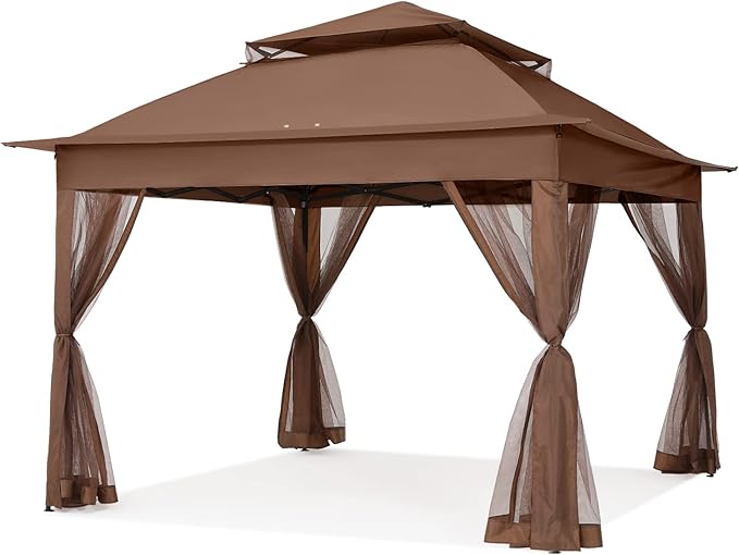 COOSHADE 11x11 Pop Up Gazebo Tent Outdoor Canopy Patio Shelter with Mosquito Netting(Brown)