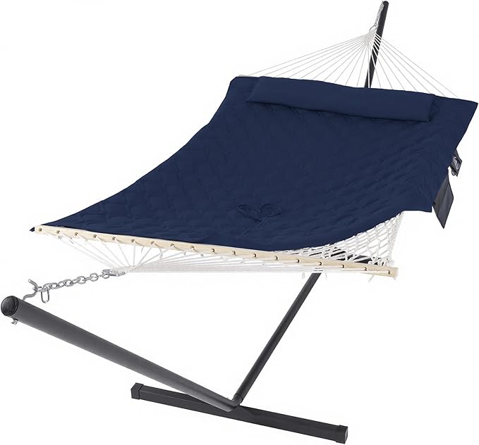 SUNCREAT Two Person Hammock with Stand, Heavy Duty Backyard Hammock and Stand, Navy Drops