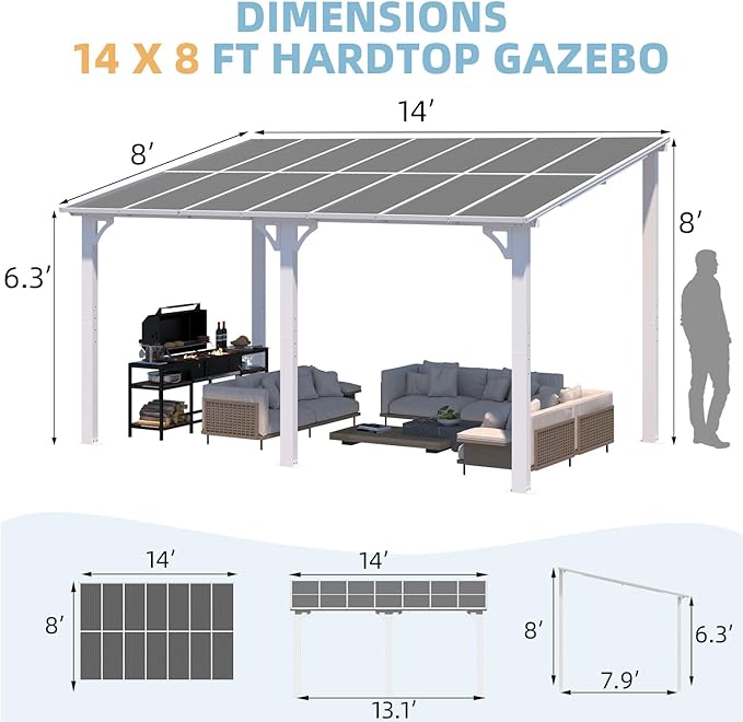 AECOJOY 14' x 8' White Gazebo Outdoor Pergola for Patio, Hard Top Lean to 8x14 Gazebo Shelter Pergolas and Gazebos Clearance with Patio Roof, Large Wall-Mounted Heavy Duty Awnings for Backyard
