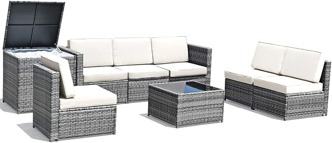 Tangkula 8 Pieces Wicker Patio Furniture Set with Storage Deck Box, PE Rattan Outdoor Sectional Sofa Conversation Set with Coffee Table & Cushions, Outside Furniture for Garden Yard Poolside (White)