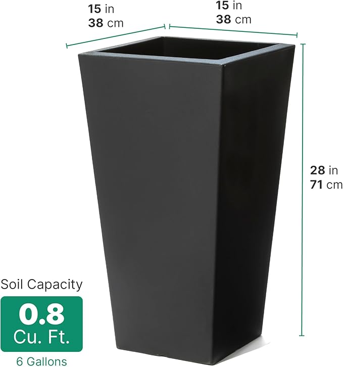 Step2 Tremont Tall Square Tapered Planter, 28", Indoor/Outdoor Plants, Efficient Drainage, Durable Resin, Onyx Black