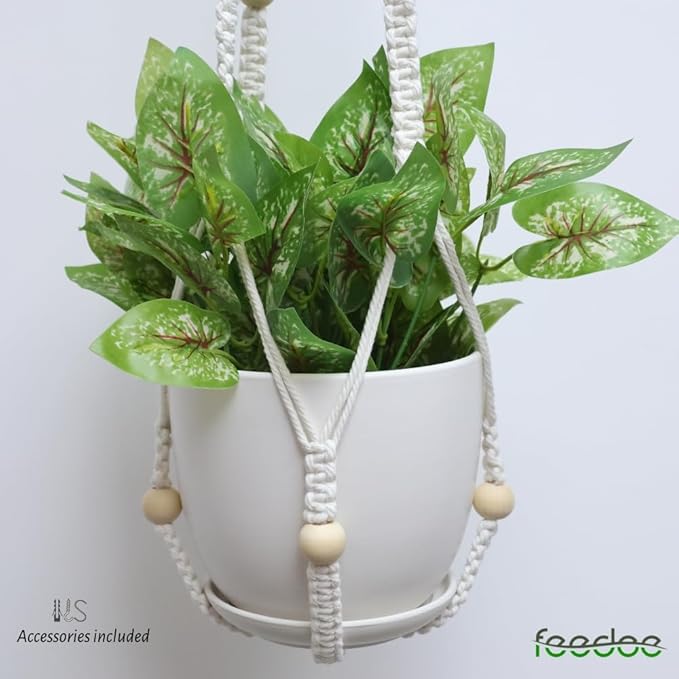 feedee Macrame Plant Hanger, Hanging Planters for Indoor Plants Holder with Wood Beads, Hanging Plant Holder for Indoor Outdoor, Gifts for Plant Lovers, Boho Home Decor Plant Hanger, Ivory