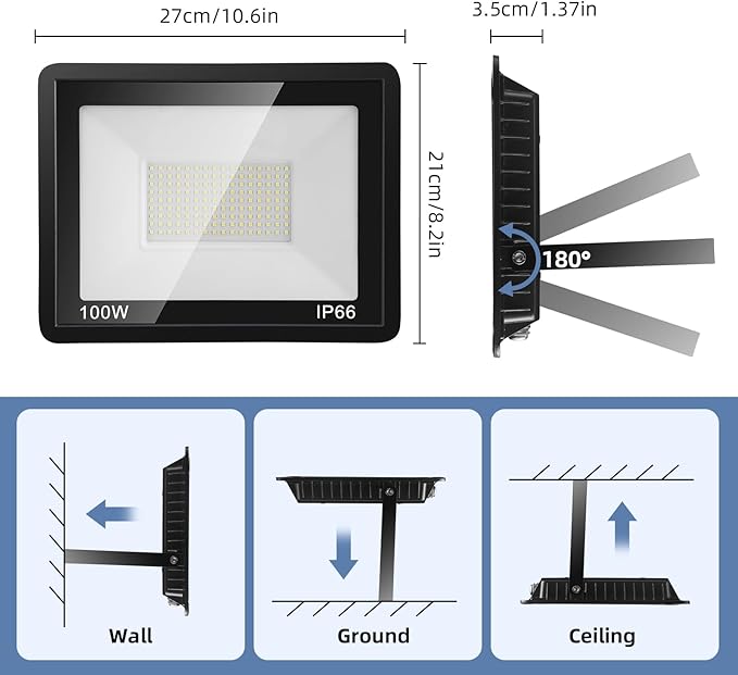 100W Flood Lights Outdoor,12000LM Bright LED Work Light,IP66 Waterproof Outdoor with Switch and 6.5FT Plug,6500K Daylight White Outside Lights for Yard，Garage,Garden,Stadium(2 Pack)