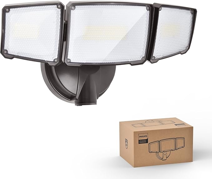 Philips 72W 7400LM LED Flood Lights Outdoor, Switch Controlled Aluminum Security Lights, 3 Adjustable Heads, Wall Mount, 5000K Daylight, Waterproof for Yard, Garage Brown