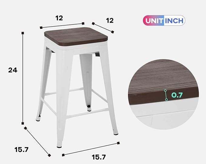 FDW Metal Bar Stools Counter Height Barstool Stackable Barstools Indoor Outdoor Patio Bar Stool Home Kitchen Dining Stool Backless Bar Chair (White with Wood, 24")