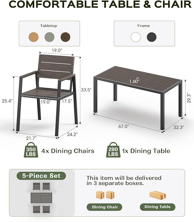 5-Piece Outdoor Dining Set, Aluminum Dining Table Set for 4, Patio Table and Chairs Set with Umbrella Hole, All Weather HDPS Outdoor Table and Chairs for 4 (Charcoal)