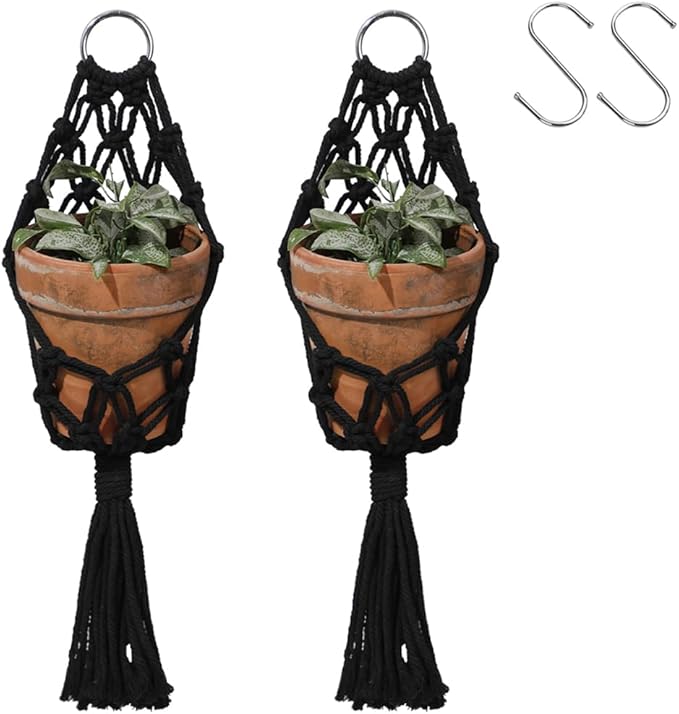 Artilady 2 Pack Black Macrame Plant Hanger Indoor - Large Hanging Planters for Wall Plants Holder Short Hademade Boho Farmhouse Rustic Home Decor (Black Plant Hanger-2pcs)