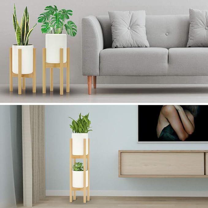 MUDEELA 2 Pack Indoor Plant Stands, 2 Tier Tall Plant Stand 30 inches, Mid Century Bamboo Plant Stand, Adjustable Width 8 - 12 inches, Fits Pot Size of 8 9 10 11 12 inches Pot & Plant Not Included, Natural