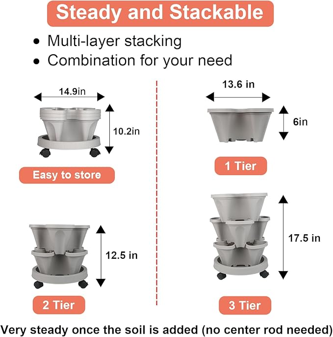 GameXcel Vertical Planter 3 Tier Stackable Planters Garden Planters Strawberry Herb Flower and Vegetable Planter Indoor Outdoor Gardening Pots with Removable Wheels and Tools