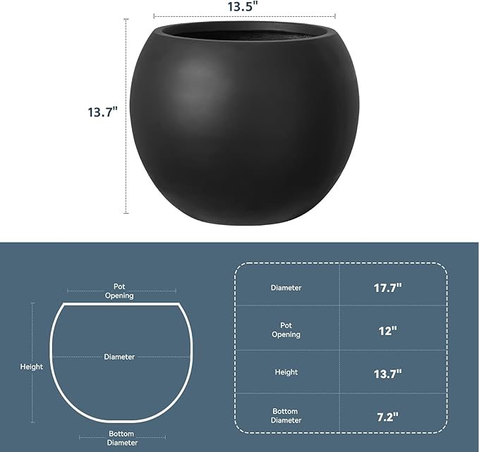 Large Round Planter with Drainage Hole, 13.7''H × 17.7''D Sphere Planter Indoor Plant Flower Pot for Outdoor Garden Patio Home, Black