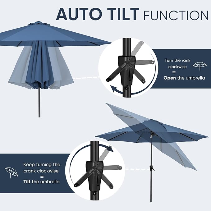 Tempera Patio Market Outdoor Table Umbrella with Auto Tilt and Crank, Large Sun Umbrella with Sturdy Pole & Fade Resistant Canopy, Easy to Set