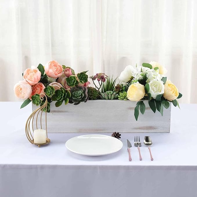 Efavormart 24"x6" Whitewash Rectangular Wood Planter Box Set with Removable Plastic Liners, DIY Rustic Wooden Box for Succulents, Wedding Centerpieces and Home Decor