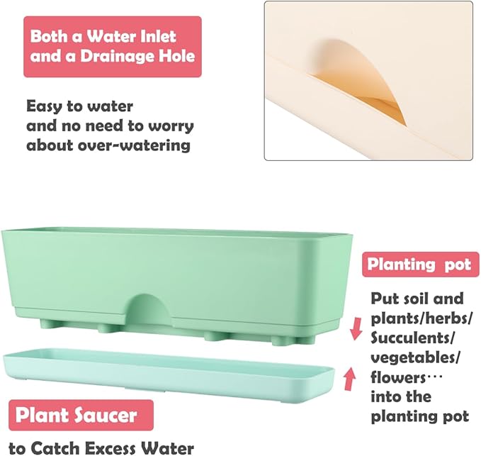 6 Pack Rectangle Planter 16 Inch Window Boxes Planters Rectangular Large Window Sill Planters Indoor Self Watering Plant Pots with Drainage Holes and Saucers Succulent Herb Flower Pots, Macaron Color