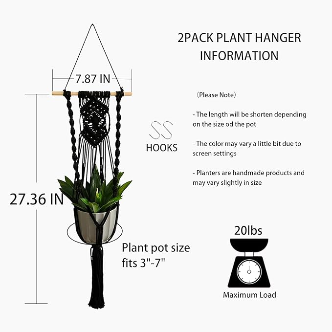 Artilady Black Plant Hanger Macrame Hanging Planter for Indoor Boho Plants Holder with Hooks Hanging Plant Basket Outdoor Window Wall Plants Home Decor (Black Wood Hanger-2pcs)