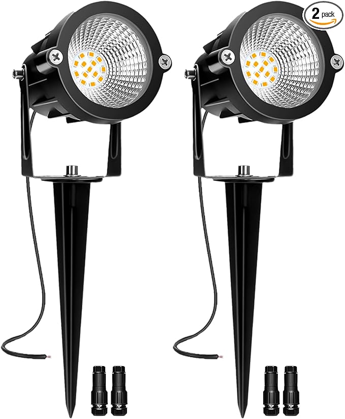 Low Voltage Landscape Lights, 10W 12/24V 2700K Warm White Landscape Lighting, IP65 Waterproof Outdoor LED Spotlight for Garden Yard Tree, 2 Pack with Connectors