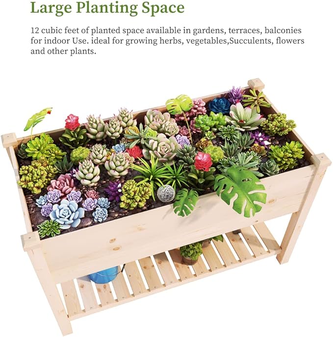 BIRASIL Outdoor Wood Raised Garden Bed, Elevated Reinforced Large Planter Box with Storage Shelf for Vegetable Flower Backyard Patio Gardening Balcony (48”L, Natural Wood)