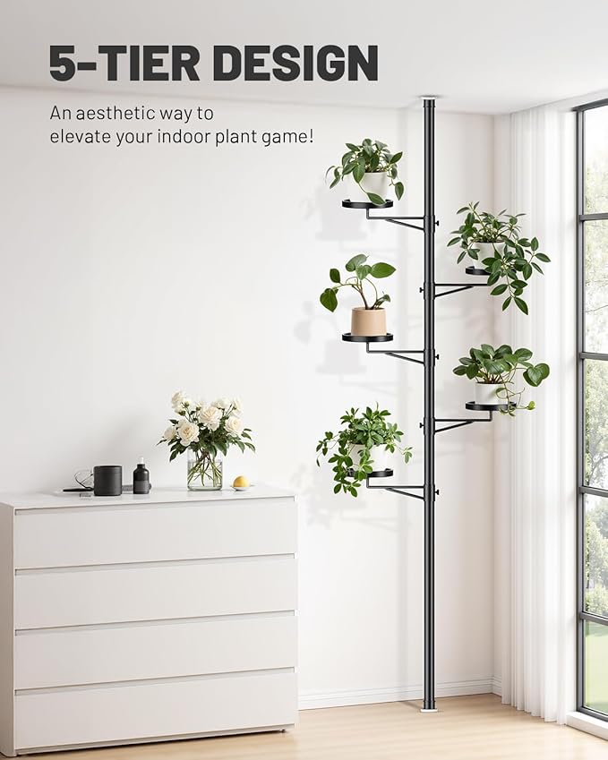 Tension Rod Plant Stand, 5 Tier Tension Pole Plant Stand with 5 Metal Trays, Plant Poles for Hanging Plants Indoor, Floor to Ceiling Plant Pole Hanging Plant Stand