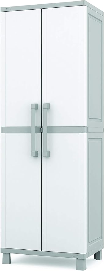 Keter Storage Cabinet with Doors and Shelves for Laundry Room, Garage, Bathroom Accessories, Closet and Home Organization, White & Grey