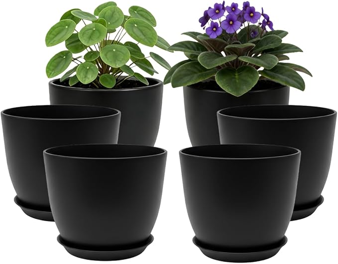 Plant Pots 8 Inch Set of 6, Flower Pots with Drainage Holes and Saucer, Plastic Garden Planters for Indoor & Outdoor Plants (Black)