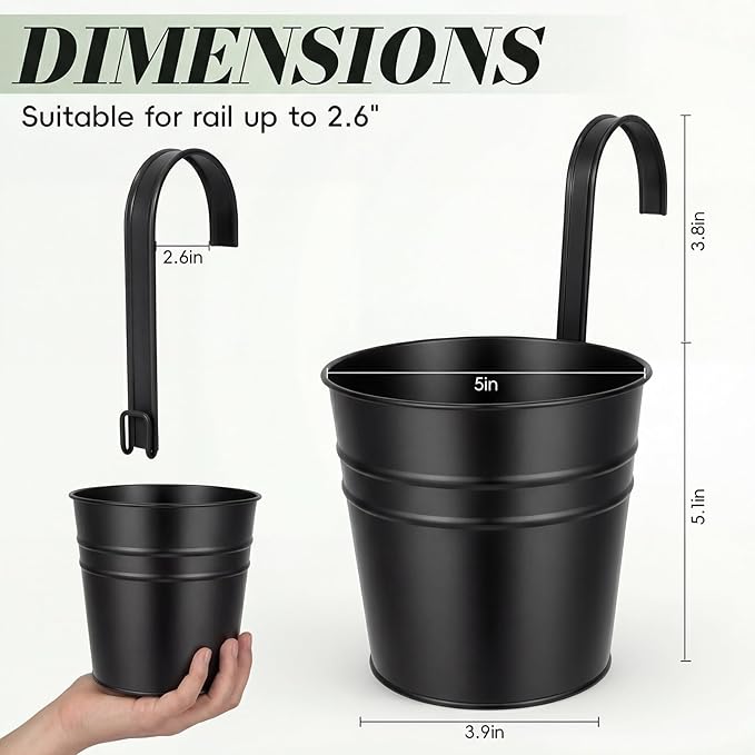 HowRU Hanging Flower Pots, Railing Planter Box for Outdoor Plants 12 Pack 5 Inch Metal Hanging Planters with Detachable Hooks Balcony Window Fence Garden Decoration Flower Boxes (Black)