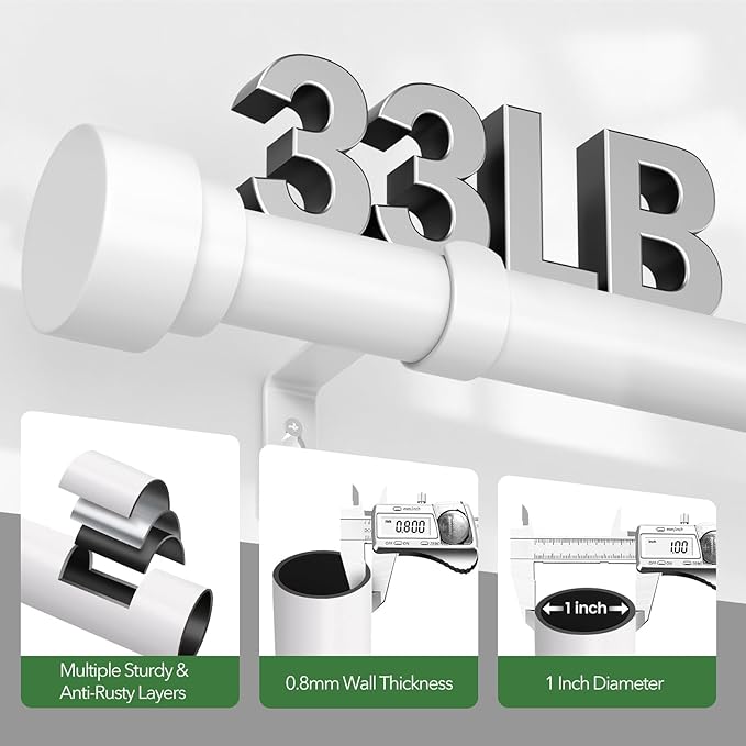 Curtain Rods for Windows 48 to 84, 1 Inch Adjustable White Heavy Duty Long Curtain Rod, Modern Style Indoor Outdoor Window Drapery Rods with End Caps, Size 32" - 90"