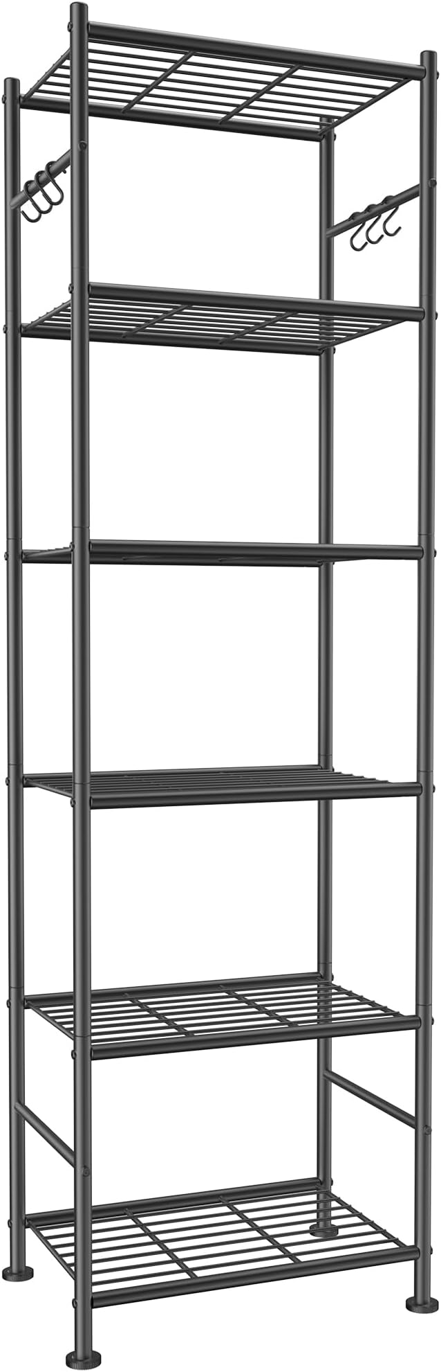 Storage Shelves - 6-Tier Large Capacity Shelf Organizer with Hooks, Heavy-Duty Garage Shelving with Leveling Feet, Wobble-Free Rack for Bedroom, Balcony, Garage, 18.1"×12.4"×70.1", Black