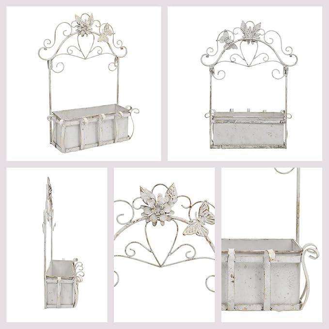 Rustic Metal Wall Planter Vintage Wall Mounted Flower Pot Farmhouse Distressed Wall Hanging Plant Basket with Floral & Butterfly Decor for Indoor Outdoor Garden Home Yard (White#2)