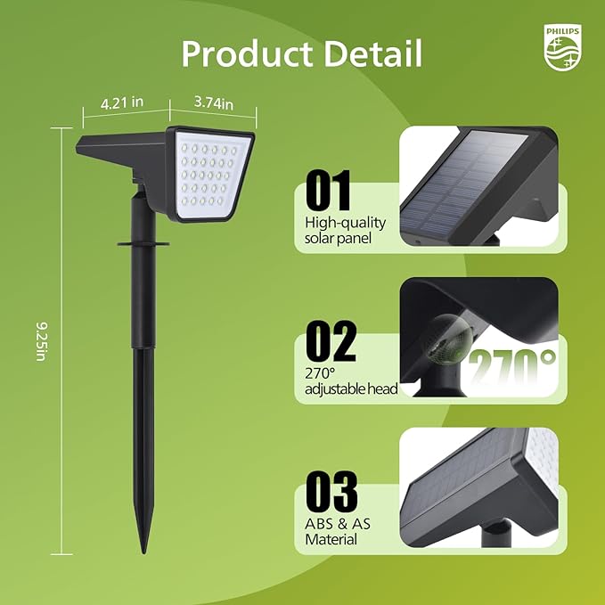Philips 4 Packs Solar Spot Lights Outdoor Waterproof, 28 LED 7500K Solar Powered Landscape Pathway Lights, Dusk to Dawn Solar Spotlights for Garden, Yard, Lawn, Walkway, Driveway