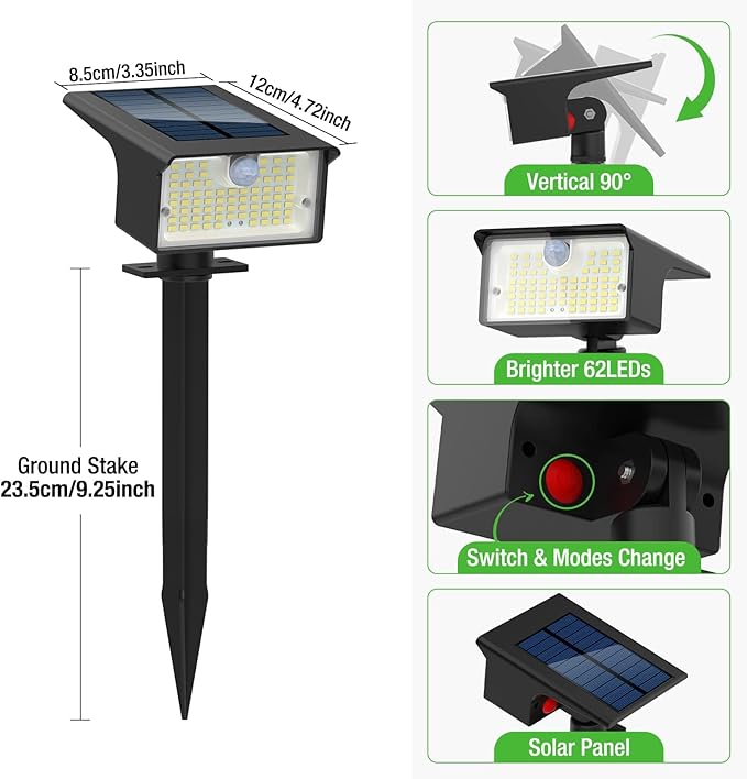 nipify 8 Pack Solar Spot Lights Outdoor - 62 LED Motion Sensor Outdoor Spotlights Waterproof with 3 Modes, Auto On/Off Solar Powered Landscape Lighting for Outside Yard Garden Tree Driveway,Cool White