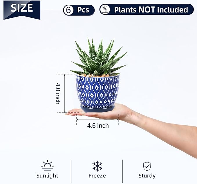 Selamica Ceramic Succulent Pots, 4.6 Inch Small Plant Pots with Drainage Holes & Saucers, Succulent Planters for Indoor Plants Cactus, Home Decor, Set of 6, Vintage Blue