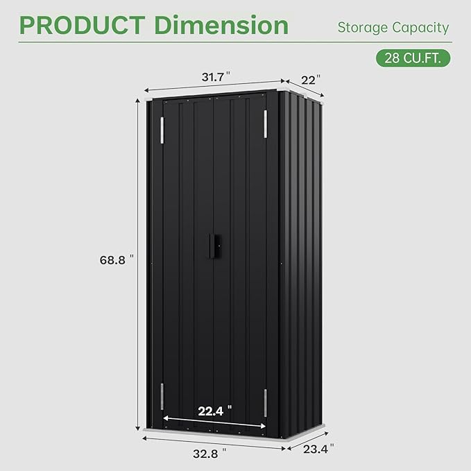 Devoko 28 Cuft Lockable Metal Storage Shed, Vertical Indoor Outdoor Tool Cabinet with 3 Adjustable Shelves for Patio Garden Backyard, Black