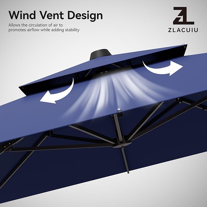 9x12FT Navy Blue Cantilever Outdoor Patio Umbrella with Base, Large Rectangular Offset Design, Double Top Heavy Duty Aluminum Frame & 360° Rotation for Pool Garden Deck Backyard