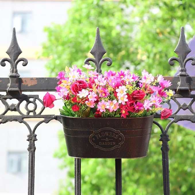 3 Pack Metal Railing Planters, 10.5" Oval Hanging Flower Pots with Detachable Hooks & Drainage Holes, Fits Rails up to 2.36", Galvanized Iron Fence Bucket for Balcony Garden Patio - Letter Black