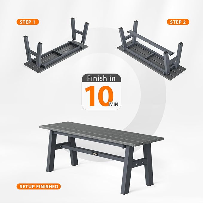VINGLI 47” Outdoor Bench Garden Bench HDPE Porch Bench w/Metal Legs, Poly Lumber Patio Bench, 660 LBS Capacity Outdoor Backless Bench(Grey)