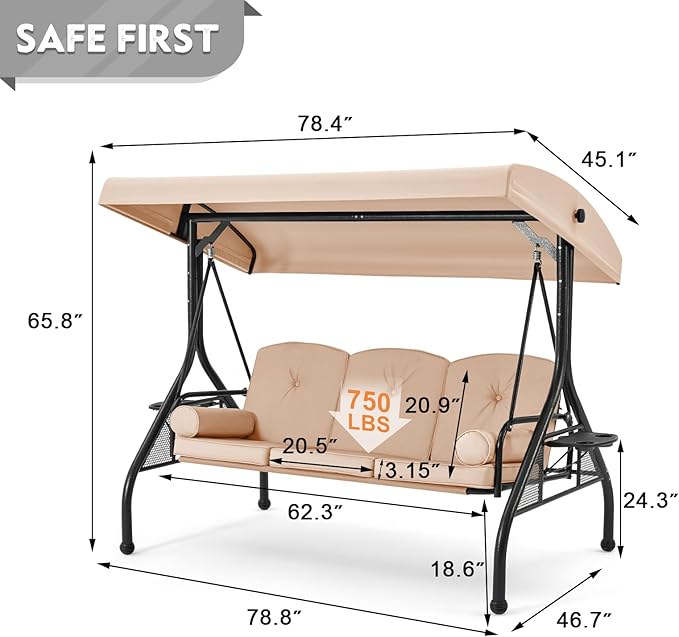 HOMREST 3 Seat Outdoor Porch Swing with Adjustable Canopy, Convertible Patio Swing Bed with Stand, Patio Glider Swing with Upgraded Cup Holder, Thicken Cushions ＆ Pillow for Backyard(Khaki)