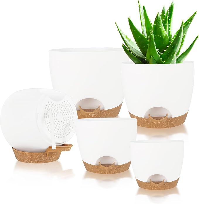 Self Watering Planters with Drainage Holes Reservoir,Nursery Planting Pot for Indoor Decor Garden Plants Succulents,Snake Plant, African Violet,Plastic Flower Pots Set 7+6.5+6+5.5+5 Inch (White)