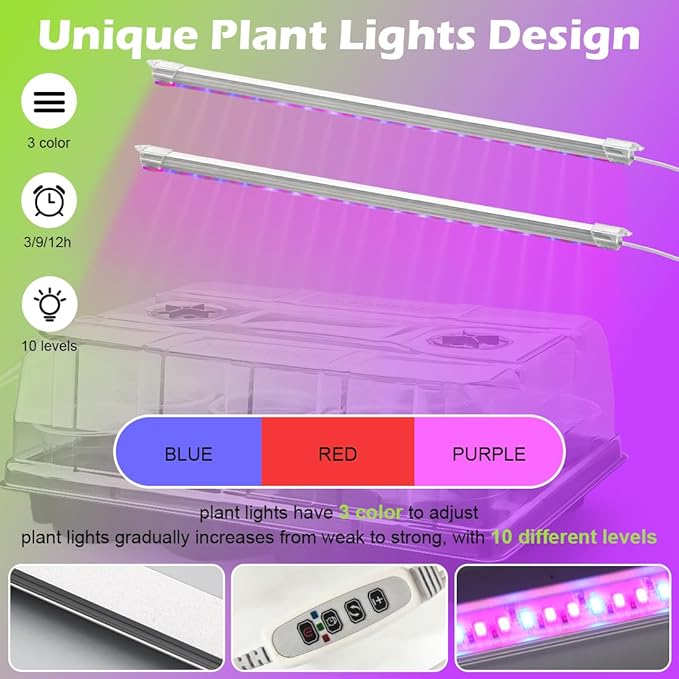 3 Pack 12 Cell Seed Starting Trays with Clear Domes and Growing Lights & 4 Inch Clear Seedling Pots 36 Pack, Plant Nursery Faster Propagation Kit 3 Sets for Seeds Vegetables Herbs