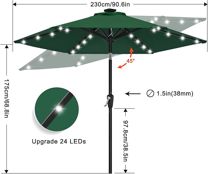 ABCCANOPY Durable Solar Led Patio Umbrellas with 24LED Lights 7.5FT (Green)