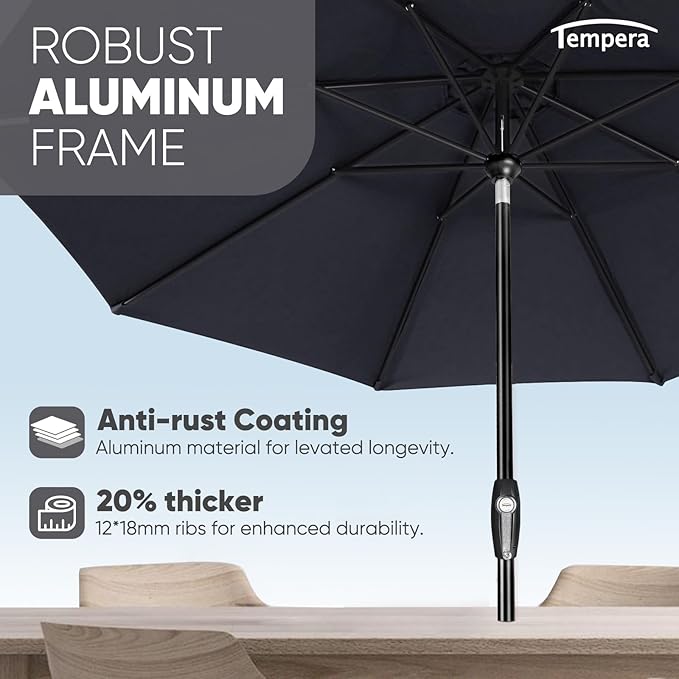 Tempera Patio Market Outdoor Table Umbrella with Auto Tilt and Crank, Large Sun Umbrella with Sturdy Pole & Fade Resistant Canopy, Easy to Set